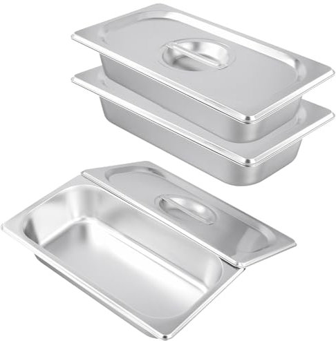 MUNGHOK 3-Piece Breading Bowl Set, Stainless Steel Breading Tray with Lid, Stainless Steel Panier Set, 32.5 x 17.5 x 6.5 cm Height Metal Breading Tray, Gastronorm Container for Breading and Serving