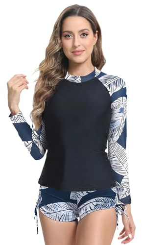 TERODACO 2 Pieces Rash Vest Women Long Sleeve Built in Bra Rash Guard Women UPF50+ Quick Dry Ladies Swim Shorts and Top Set for Swimsuit Surfing Bathing Suit,Stretchy Soft