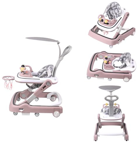 Homewell Lauflernwagen mit Musik & Licht, Babywalker mit Basketballkorb, Faltbarer Kinderwagen mit Sonnendach & Spielzeug, Verstellbarer Schiebegriff, Fußpolster, Kinder ab 6 Monaten