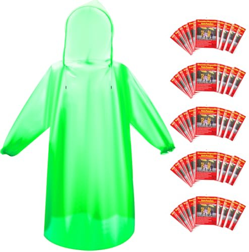 Bruvoalon 6, 20 & 50 Pack Disposable Rain Ponchos for Adults, Waterproof PE with Drawstring Hood and Elastic Cuffs