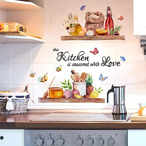 Fufuquare Biene Schmetterling Wandtattoo Lebensmittel Schriftzitate Sprüche Schub- und Aufklebe Vinyl Wandaufkleber für Küche Esszimmer Restaurant | This Kitchen is Seasoned with Love Food Butterflies Bee Peel and Stick for Dining Room Restaurant