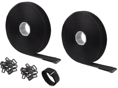 2cm/2.5cm x 5m Hook and Loop Securing Straps with 50 Buckles, Easy to use 、Free Cut Length 、Adjustable Reusable Fastening Cable Ties, Cable Management