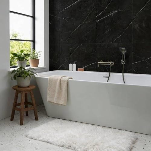DECOON - Lot de 4 Dalles Murales Douche - Décor Marbre Noir satiné - Panneaux muraux salle de bain en SPC 59,2x118,4 cm (2,8 m²) - Étanche, sans joints, pose facile et rapide