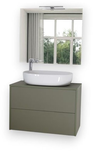 Yellowshop - Mobile Bagno Sospeso SHAPE-PLUS 80 cm, Lavabo da appoggio in Ceramica, Specchio e Applique, Arredo bagno, Design Moderno, 2 Cassetti Push – Vari Colori (Verde)