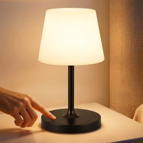 PreeOtti LED Tischlampe Kabellos, Tischlampe Kabellos Akku, Nachttischlampe Touch mit Stufenlos Dimmbar & Memory Funktion, Touch Nachttischlampe Dimmbar für Schlafzimmer, Café, Outdoor, Schwarz