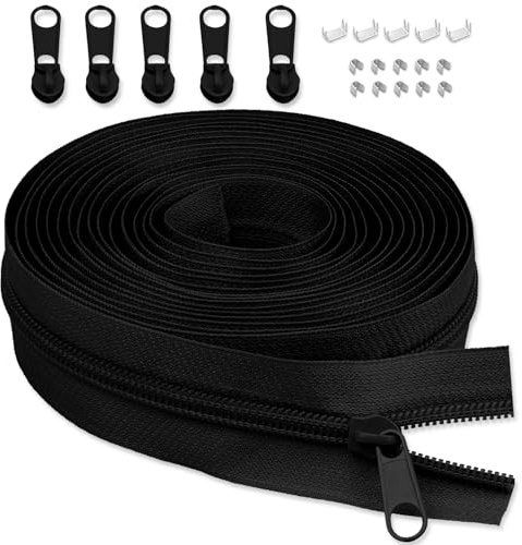 LHZHLE 3mm Endlosreißverschluss Mit Zipper: 3.65m Schwarz Nylon Reissverschluss - Meterware mit 5 Reißverschlusszügen für Nähen Bettwäsche und Kopfkissen
