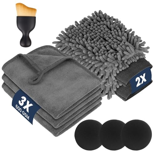 flintronic 9 Pezzi Kit Pulizia Auto, con 3 Pezzi Panno Microfibra Auto e 2 PCS Guanto Lavaggio, 3 Spugne per Lucidatura a Mano, 1 Spazzole per la Pulizia, Senza Graffi per Cura