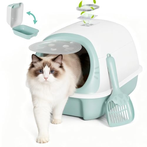 Eukue Bac a Litiere pour Chat, Maison de Toilette avec Pelle, Litiere Chat Fermé et Couvercle Amovible pour Un Nettoyage,Bleu + Blanc