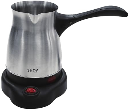 Shov Türkischer Kaffeekocher | Kabelloser Mokkakocher elektrisch | 5 Tassen (450ml), 600W | Edelstahlgehäuse, 360° drehbar, Überhitzungsschutz | Traditionelle Cezve für Türkischen Kaffee