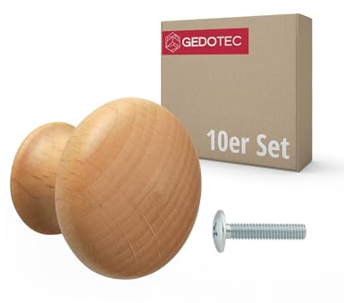 Gedotec 10 Stück Möbelknopf URSULA Holz Buche Ø 35 mm mit Messinggewindeeinsatz Schraube M4×25 mm inkl | Massivholz Knopf Möbelgriff Holzknauf Schrankgriff Schubladengriff Kommodengriff