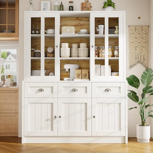 Armario de cocina (140 × 40 × 175 cm), armario alto de cocina buffet, armario buffet con estantes ajustables, aparador con iluminación LED, colores de luz variables, para cocina y comedor (blanco)
