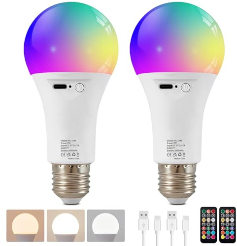 HARPER LIVING Bombilla LED recargable con mando a distancia, casquillo E27 Edison, regulable, 9 colores, lámpara RGB A60, batería de 2000 mAh, inalámbrica, para apliques y lámparas de mesa.