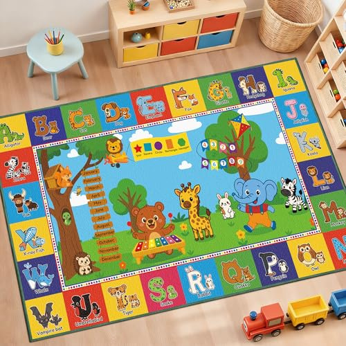 Upgrade Ultra Non Slip ABC Rugs for Kids Playroom, 4x7 Washable Alphabet Floor Play Mat for Toddlers Baby, Educational Learning Baby Carpet with Animals for Nursery, Classroom & Bedroom, 48x80