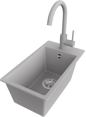 PRIMAGRAN Lavandino da Cucina al Mobile 30cm + Rubinetto, 28x50cm | Set: Rubinetto BW5010 + Kit di scarico + Lavello in Granito a 1 Vasca - Riga, Grigio