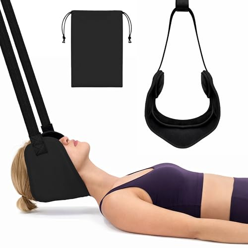 SPRING SEAON Adjustable Neck Hammock Neck Stretcher,Cervical Traction Device for Neck Decompression, Pinched Nerve Relief,Portable Release Buckle,Cervical Pillow and 2 Ear Pads Home & Office(Black)