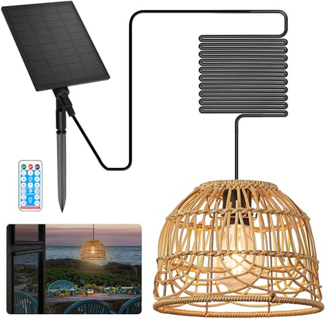 BRIMETI Solarlampen für Außen Garten Solar Hängelampe Outdoor Rattan Hängeleuchte Hängend mit Fernbedienung Dimmbare IP65 Wasserdichte Solarlampen Pendelleuchte,für Balkon Pavillon(mit 5M Kabel)