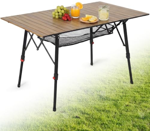 HAUSPROFI Campingtisch Klappbar Aluminium Höhenverstellbar 120x70cm, Holz | Groß für 4-6 Personen, Falttisch leicht mit Tragetasche & Netztasche, Klapptisch Camping Tragbar für Picknick Garten Balkon