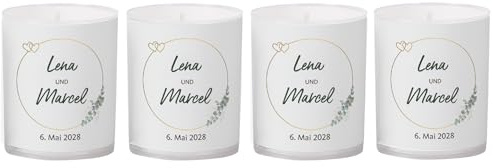 Herz & Heim® Kerzen zur Hochzeit im 4er Set personalisiert mit Namen als Tischdekoration & Geschenk - 4 Stück Votivkerzen als Hochzeitsdeko & Tischdeko mit Personalisierung - Motivauswahl (Eukalyptus)