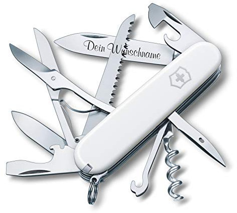 Victorinox Couteau de Poche Huntsman Avec Demande Gravure Sur Lame I Cadeau Pour Hommes Femmes I Pour Anniversaire I Suisse Personnalisé Avec 15 Fonctions 1.3713 - Blanc, 91x27x18 mm