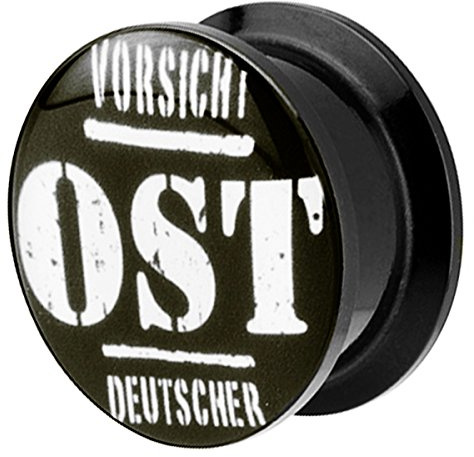 Piersando Ohr Plug Piercing Kunststoff Motiv Comic Picture Flesh Tunnel Ohrplug mit Vorsicht Ostdeutscher Spruch Schwarz Weiß