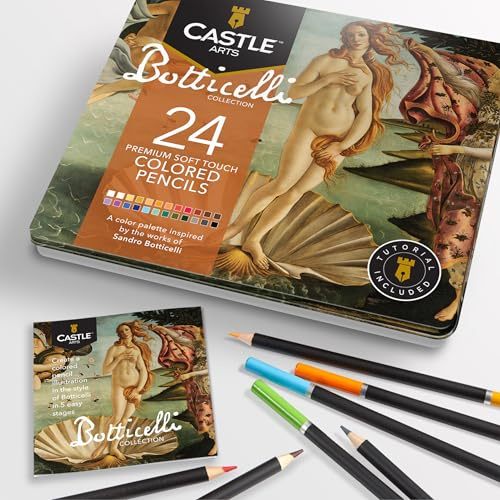 Castle Arts Set med 24 färgpennor i en plåtlåda, perfekta färger inspirerade av Botticelli. Slät färg, blandning och överlägsen lagerprestanda för