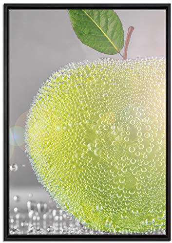 Pixxprint Grüner saftiger Apfel mit Wasserperlen Leinwandbild 100x70 cm im Bilderahmen, Wandbild, Schattenfugenrahmen, Kein Poster