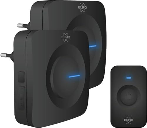 ELRO DB3000 Funk Türklingel Set 2X Empfänger für Steckdose-Wasserdicht, 300m Reichweite, 64 Melodien-Schwarz, Plug-In/Stecker
