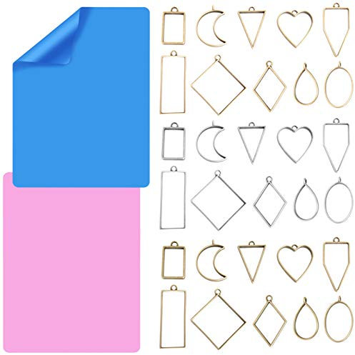 Colgantes de bisel abierto, dijes, moldes de resina con hojas, SourceTon, varios espacios en blanco para colgantes con marco hueco geométrico y mantel individual de silicona (rosa/azul)