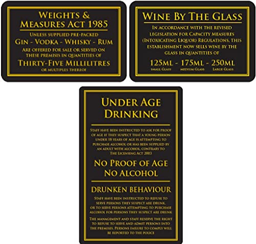 Mileta Weights & Measures Act 35ml Sign & Wine by the Glass 125ml 175ml 250ml & Under Age Law Sign Black - Gold - Pack of 3 Signs