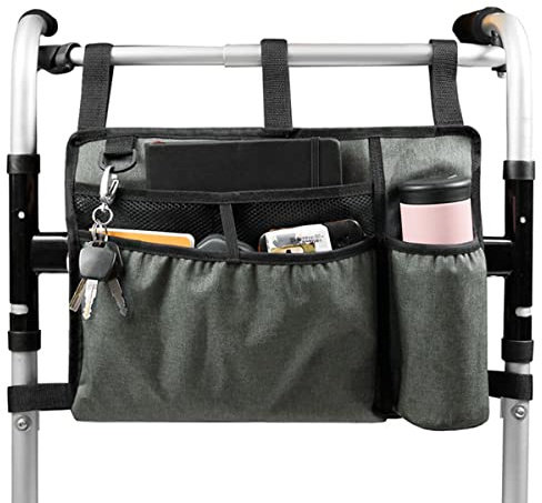 Jetcloud Rollstuhltasche mit Getränkehalter, großes Fassungsvermögen, zusammenklappbar, doppelseitig, Rollstuhl-Organizer, Tasche, Zubehörtasche (grau)