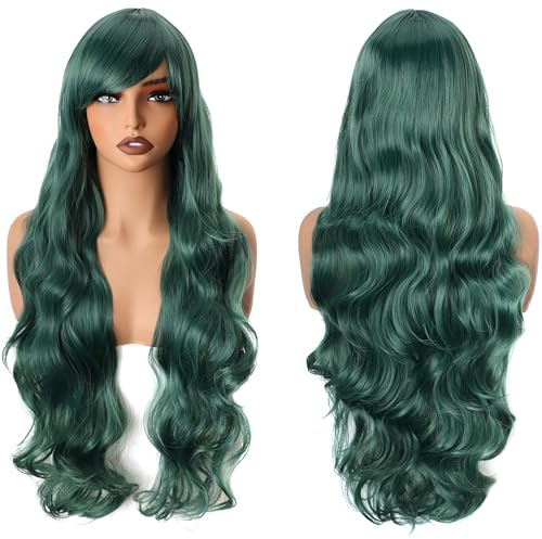 YEESHEDO Dunkel grün Cosplay Perücke für Frauen Langes Gewelltes Haar Synthetische Perücken mit Pony für Halloween Party Kostüm Anime 32 Zoll 80 cm