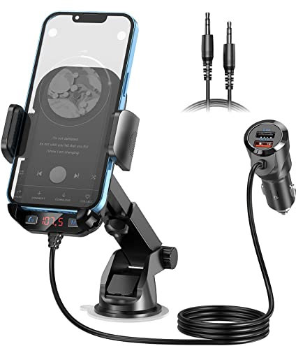 Magift Bluetooth 5.3 FM Transmitter Auto-Adapter Auto-Bluetooth-Transmitter mit Handy-Halter Dual-USB-Ports HiFi-Bass-Sound unterstützt TF/SD-Karte/3.5mm AUX-Eingang/unterstützt 64G Drive Play Music