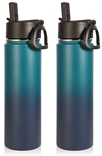 Volhoply 650ml Trinkflasche Edelstahl, vakuumisolierte doppelwandige Thermosflasche mit Strohhalm und Griff, BPA-frei Isolierflasche für Schule Sport (Nachtschwarz,2er-Set)