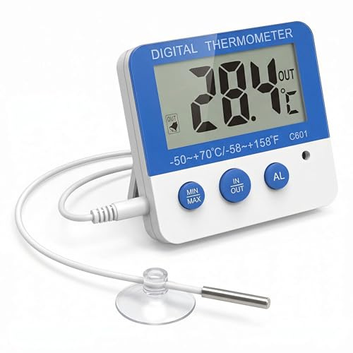 Digital Fridge Freezer Thermometer, Max Min Memory Temperature Monitor with High Low LED Alarm, Magnetic Stand Mount Gauge for Wine Cooler Fish Tank Indoor Outdoor Use (1)