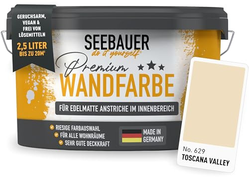 SEEBAUER diy Wandfarbe Braun 2,5L für Innen (No. 629 Toscana Valley) Edelmatte hellbraune Innenfarbe - Brauntöne sehr hohe Deckkraft - Matt, Abwaschbar und Tropffrei