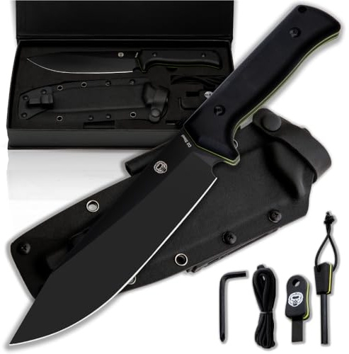 Holtzman's Gorilla Survival Congo Fixed Blade Camping & Survival Knife with Fire Starter, G10 Scraper & Paracord (Black) - Ideal for Bushcraft and Outdoor Adventures