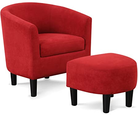 INZOY Modern Accent Chair with Ottoman, Upholstered Barrel Reading Chair with Foot Rest, Comfy Fabric Armchairs for Living Room Bedroom Small Spaces, Easy to Assemble (Red)