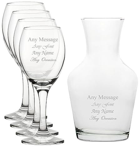 Lot de 4 verres à vin pur et carafe à vin de 1 litre, personnalisables avec n'importe quel message pour toute occasion, stylisez à partir d'une variété de polices, boîtes cadeaux incluses, gravure au