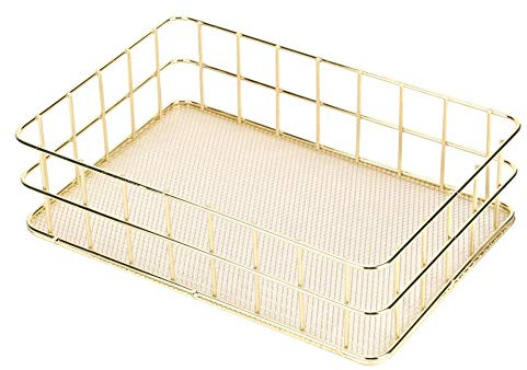 Goldfarbener Desktop Aufbewahrungskorb aus Metall Drahtkorb Goldfarbener Metallkorb Schmiedeeiserne Aufbewahrungsbox Gitteraufbewahrungstablett Netzkorb (L)