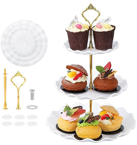 Mynoozi Confezione da 2 supporti per torte a 3 piani, supporto per cupcake e dessert, vassoio da portata a più livelli, per torte, frutta, biscotti, caramelle, adatto per compleanni, matrimoni, feste