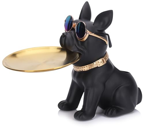 XIYOUQI Bandeja de almacenamiento de estatua de bulldog francés de resina, bandeja de llaves para mesa de entrada, bonita estatua de mayordomo de perro con bandeja, figura de bulldog francés negro,