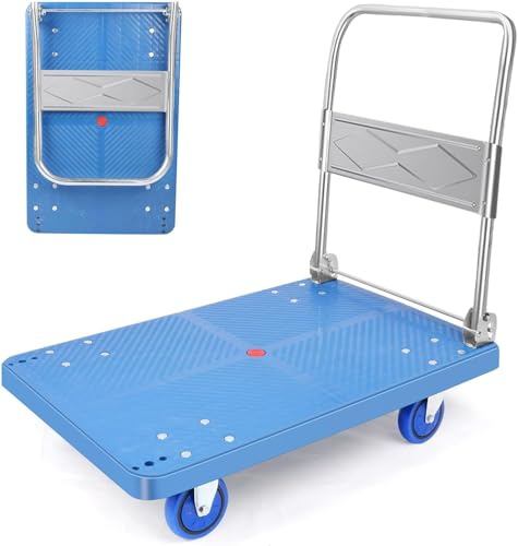 Wedyvko Plattformwagen Transportwagen klappbar Schwerlast 200KG Einhändig Falten Transporthilfe mit Rollen mit Mute Wheels Plattform (Blau)