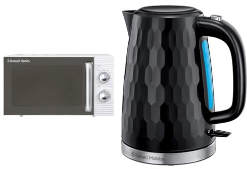 Russell Hobbs RHM1731 INSPIRE White 17 Litre Manual Microwave & 26051 Cordless Electric Kettle - Contemporary Honeycomb Design with Fast Boil and Boil Dry Protection, 1.7 Litre, 3000 W, Black