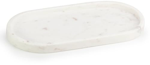 EHC Natural Marble Bathroom Vanity Tray - Oval, White, 30 x 15 x 2 cm - Decorative Countertop Sink Storage Organiser for Cosmetics, Perfume and Home Decor