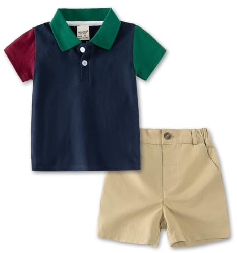 Volunboy 2-delat set med babykläder, sommarkläder, outfit, kortärmad pikétröja, topp + shorts, klädset för pojkar, Lappteknik blå, 4-5 År