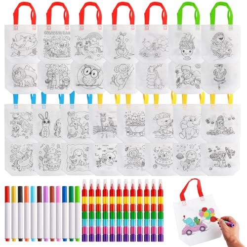 15 STK Taschen zum Bemalen für Kinder, Stoffbeutel zum Bemalen mit 12 Wachsmalstifte(7-in-1) und 12 Aquarellstift, Geschenktüten Mitgebsel Gastgeschenk Kindergeburtstag Taschen Malset Bastelset Kinder
