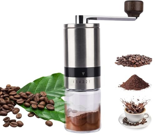 Sonhomay Molinillo manual de granos de café de acero inoxidable, molino de café de mano, fresa de cerámica, 6 ajustes ajustables para moler granos de café, granos, condimentos y nueces