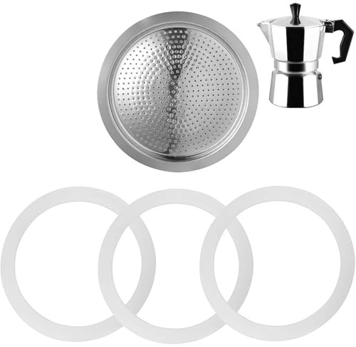 DHWEKU 3 Pièces Joints Filtre à Café Réutilisable, Joints d'Étanchéité en Silicone, avec 1 Pièce de Rechange pour Cafetière, pour Machine à Expresso, Filtre en Acier Inoxydable, 6 Tasses