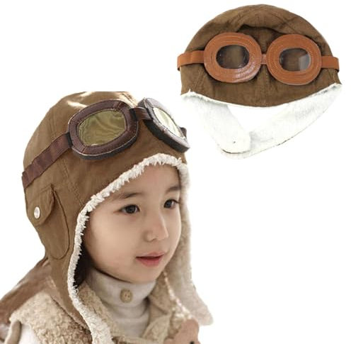 Smileshiney Pilotenmütze Kinder - Pilotenmütze Mit Ohrenschützer Und Brille, Fliegermütze Kinder, Cartoon, Braun, Unisex, 2-7 Jahre