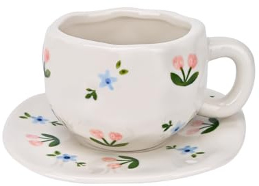 Ensemble de tasse à café en céramique Koythin avec sous-tasse, joli et créatif, motif floral rose et bleu, design unique irrégulier pour le bureau et la maison, 300 ml pour le lait, le thé et le latte